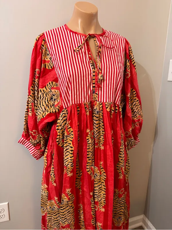 Bohemian Tiger Tigress Stripe Midi Dress 100% cotton made in India Red - Image 3
