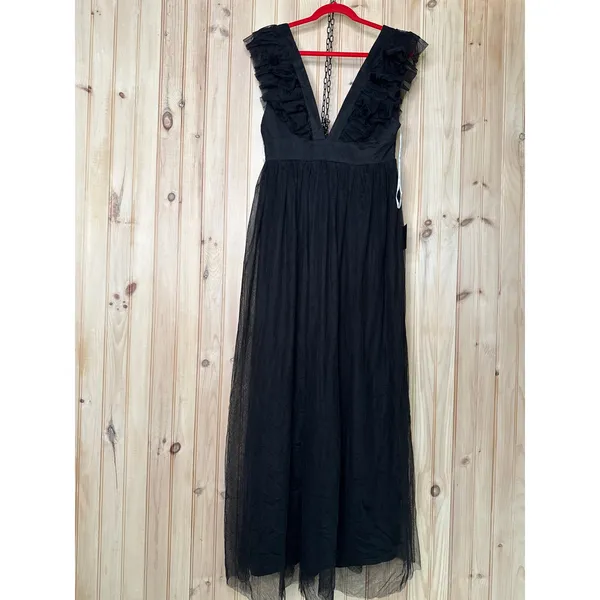NWT Lulus Simply Delighted Black Mesh Ruffle Backless Maxi Dress Whimsigoth Sz L - Image 2