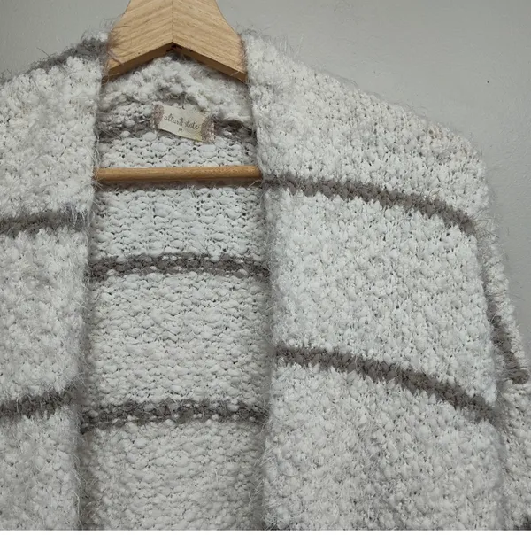Altar'd State Women's M Ivory/Gray Striped Fuzzy Knit Open Front Cardigan - Image 2