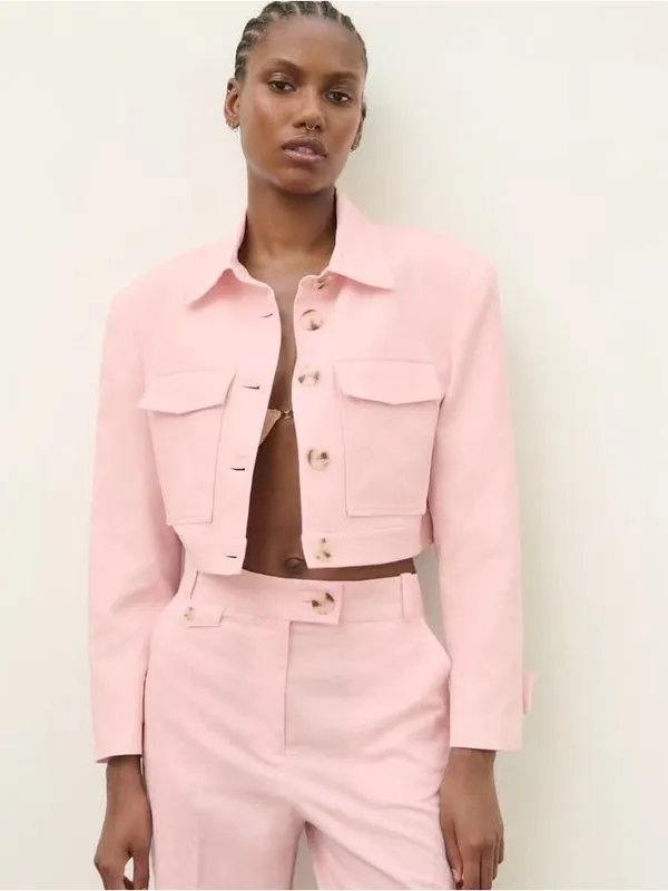 Zara Soft Pink Cropped Linen Cotton Blend Jacket - Image 2