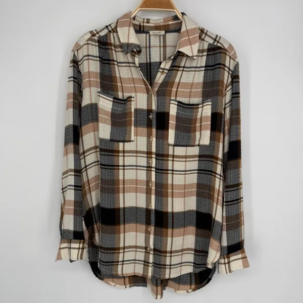 Anthropologie Pilcro Relaxed Long-Sleeve Checkered Shirt Small Brown Plaid Boho Casual Flannel - Image 4