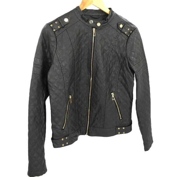 Coffee shop Womens Black Quilted Moto Jacket Studded Shoulder Zip‎ Up - Image 5
