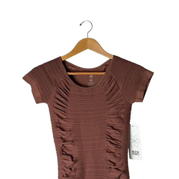 AURA Ruched Bodycon Dress Women Large‎ Brown NWT Cutout Back Ribbed Knit Sheath - Image 5