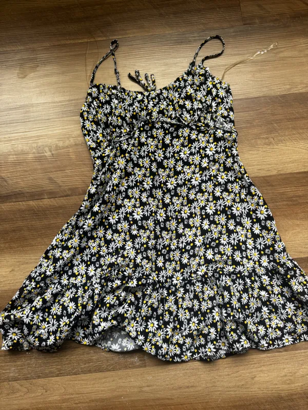Floral Sundress with Spaghetti Straps - Black/White - Image 2
