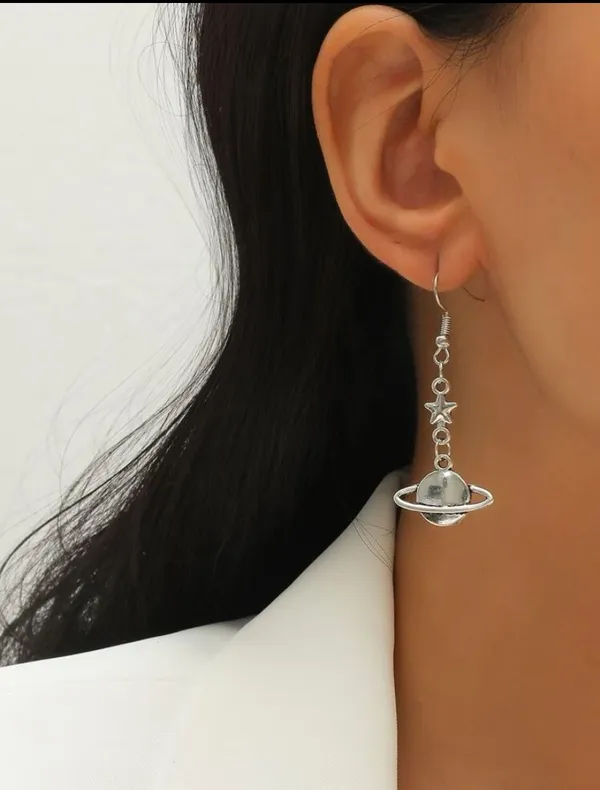 NEW Pair of silver planet drop earrings, dangle earrings, star dangle earrings, celestial jewelry - Image 3