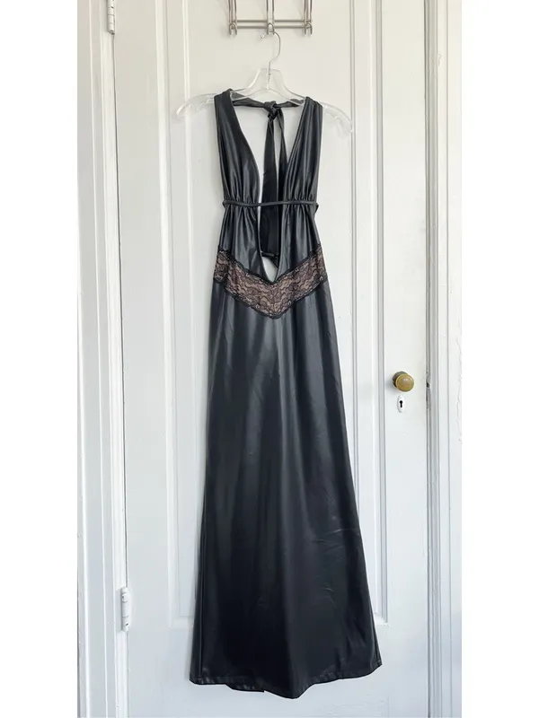 I AM GIA • Astora Maxi Dress black faux leather illusion lace plunge halter sexy - Image 3