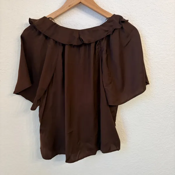 Old Navy Satin‎ Ruffle Tie Front Blouse Top Womens S Romantic Casual Chic Brown - Image 5