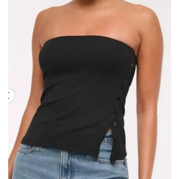 Abercrombie & Fitch Ribbed Strapless Top Slit Size S Black Minimal Y2K Going Out - Image 10