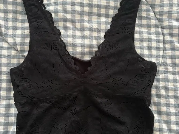 aerie Black Ribbed Lace-Trim Crop Tank - Image 2