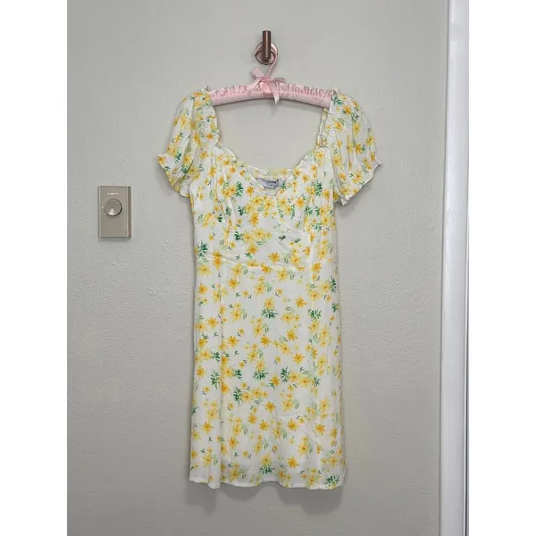 Large Sophie Rue Rayon Puff Sleeve Mini Dress Butter Yellow Floral Sundress - Image 2