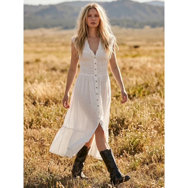 Free People Ethereal Cottage Desert Dazed Midi Dress Maxi Top Ivory Small Boho - Image 5