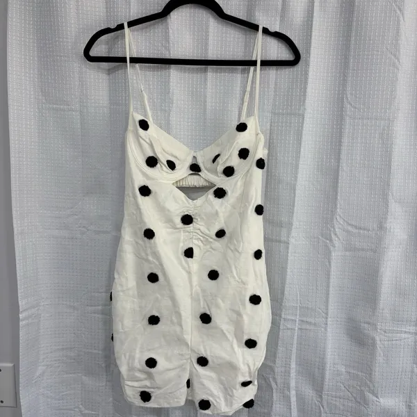 For Love And Lemons Dress Size Medium White Black Polka Dot Mini Linen Blend - Image 3