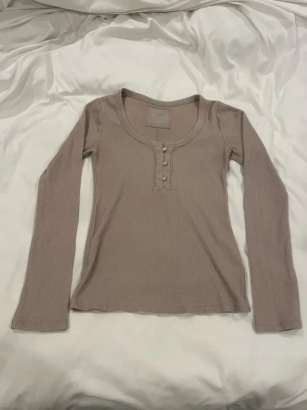Aerie Essential Henley Layering Shirt Tan - Image 4