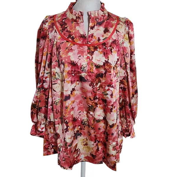 Umgee Pink Floral Satin Blouse with 3/4 Sleeves Size Large NWT - Image 2