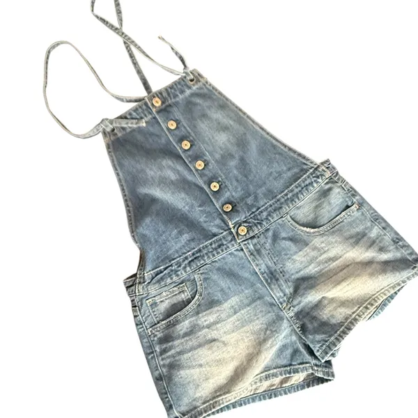 American Eagle Denim Overalls Romper Shorts Blue Size M Shortall‎ Distressed - Image 6