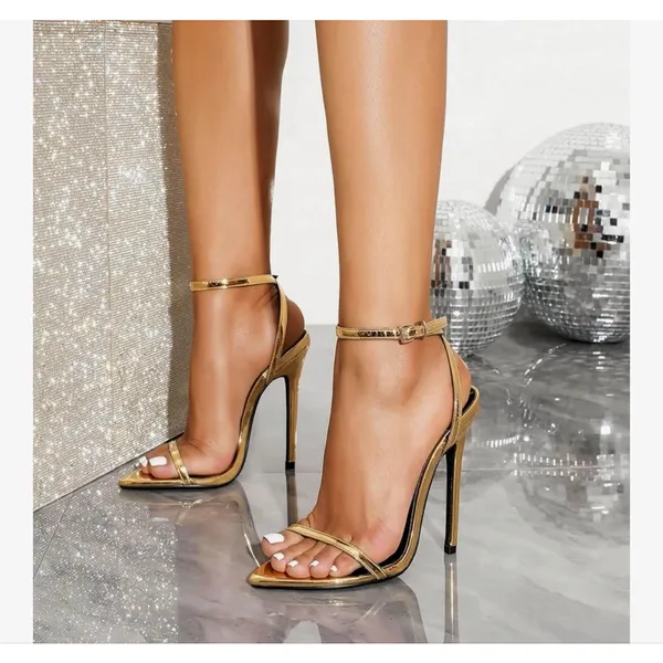 NEW Gold Strappy Lace Up Heels Stiletto Open Toe Strap Dress Shoe 10 - Image 3