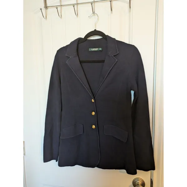 Lauren Ralph Lauren Womens Blue Button-Up Knit Sweater Blazer Gold Buttons S - Image 2
