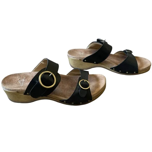 Dansko Slide Sandals Womens 39 Black Leather Buckle Wedge Clog Ergonomic‎ Boho - Image 2