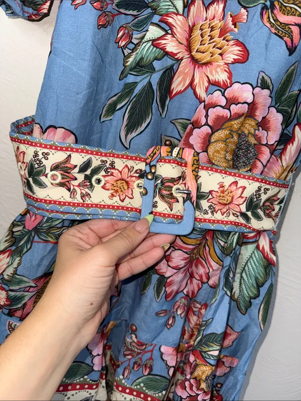 FARM Rio Blue Floral Puff Sleeve Belted Mini Dress Size S - Image 3