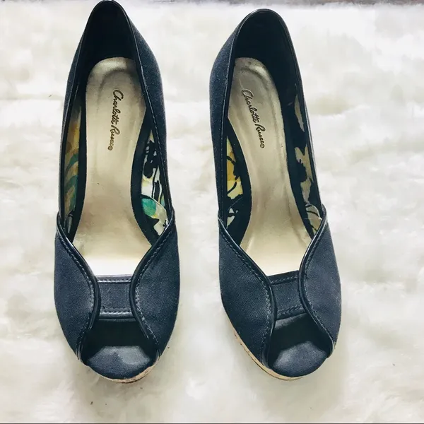 Charlotte Russe Black Canvas Peep Toe Natural Cork Wedges Size 6 - Image 2