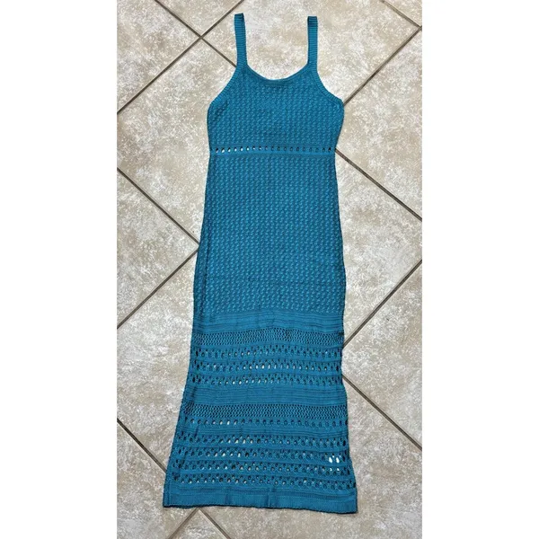 Teal Green Sleeveless Midi Dress – Openwork Crochet Knit | Size M - Image 5