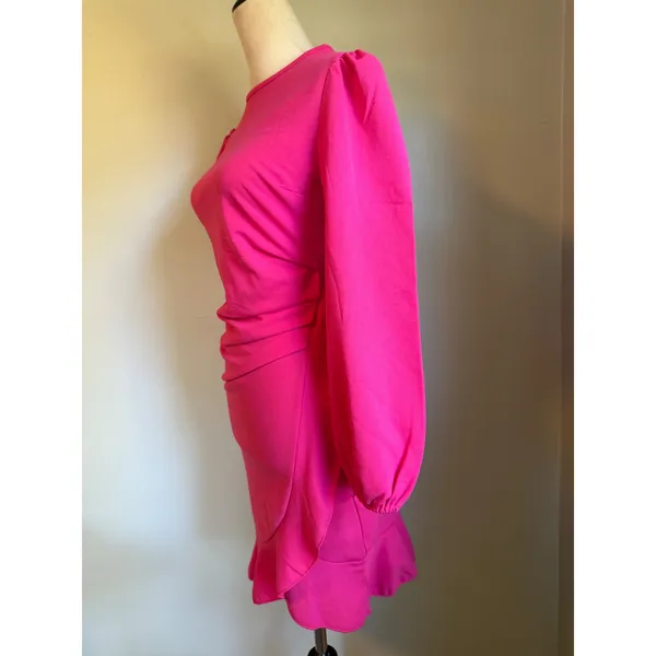 Beachsissi Y2K Hot Pink Puff Sleeve Ruched retro ruffle coquette Mini Dress Small NWT beach - Image 2