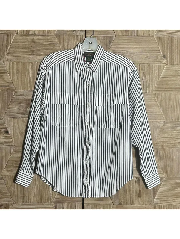 Charter Club Petites 4 Grey White Striped Cotton Button Up Shirt Business Casual - Image 3