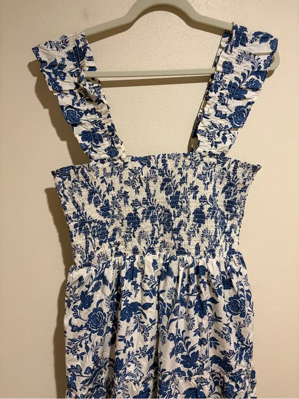 Quince Riviera Blue Heirloom Floral Cotton Poplin Smocked Tiered Midi Dress L - Image 13