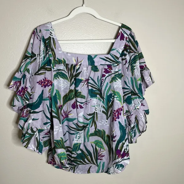 Womwns Blouse Boho Tropical Square Neck Ruffle 1X Maximalist Peasant Boho Resort - Image 5