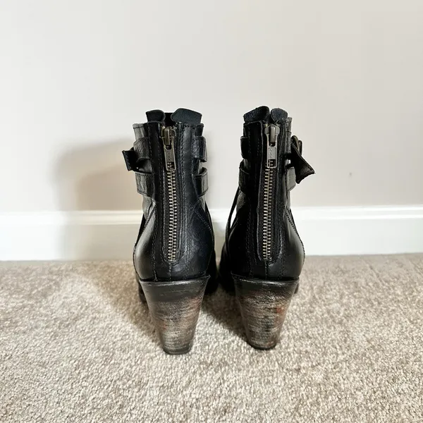 Freebird by Steven Joker Black Leather Heeled Booties Peeptoe Strappy Black Sz 9 - Image 6