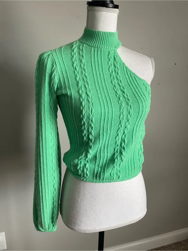 ZARA Mint Green One-Shoulder Cable-Knit Sweater Sz S - Image 3