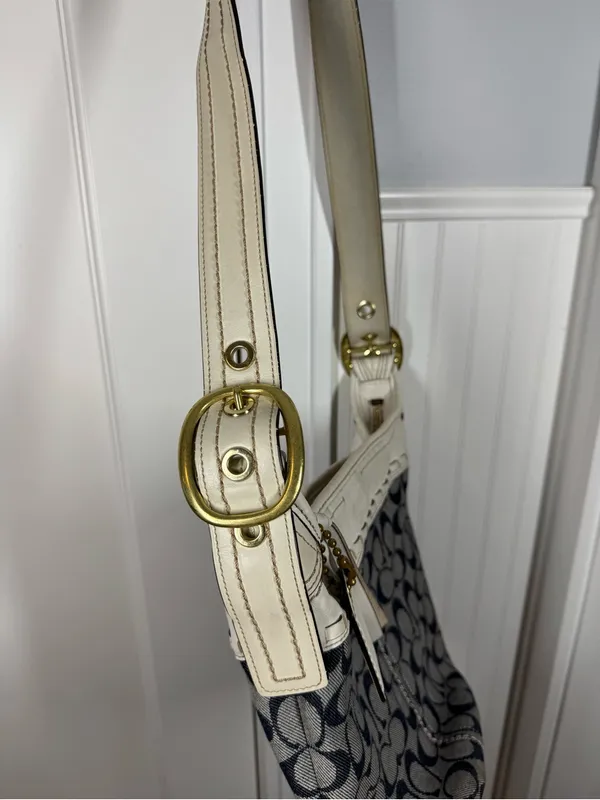 Y2K Coach Bleecker Signature Blue Denim Canvas White Leather Trim Shoulder Bag - Image 6