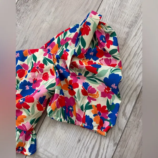 FORE Vibrant Floral Puff Sleeve Indie Peplum Fairycore Crop Top size medium - Image 8