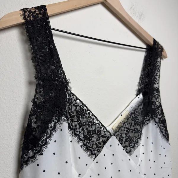 Lovestitch‎ Women Babydoll Tank Top Large White Black Polka Dot Lace Trim Whimsy - Image 4