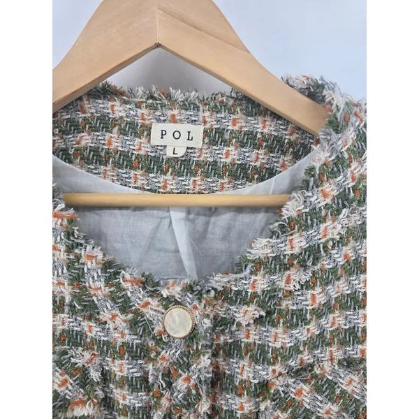 POL‎ Jacket Womens Large Green Orange Plaid Tweed Frayed Edge Button Up FWJ191 - Image 3