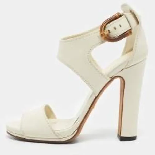 Gucci Lifford White Leather Bamboo Buckle Block Heel Sandals EU 38 - Image 3