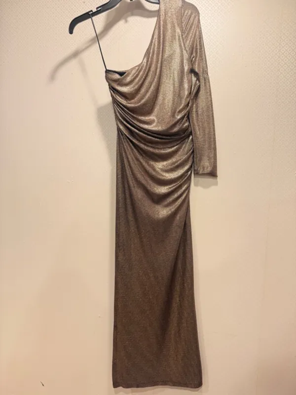 NWT Zara Metallic Bronze One Shoulder Ruched High Slit Asymmetrical Maxi Dress S - Image 15