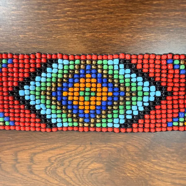 Vintage Seed Bead Geometric Diamond Wide Belt Red Stretch Wood Buckle 42in - Image 4