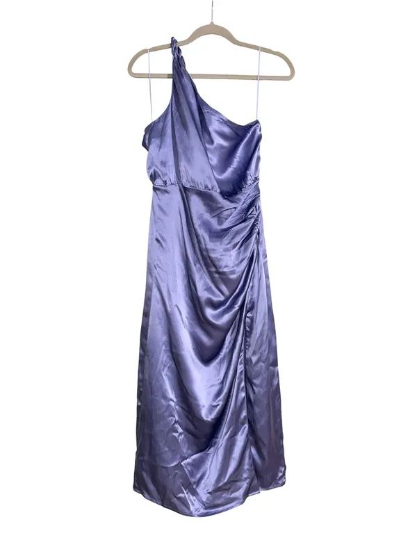 NWT Anthropologie Silk One Shoulder Purple Satin Side Slit Midi Dress 8 - Image 4
