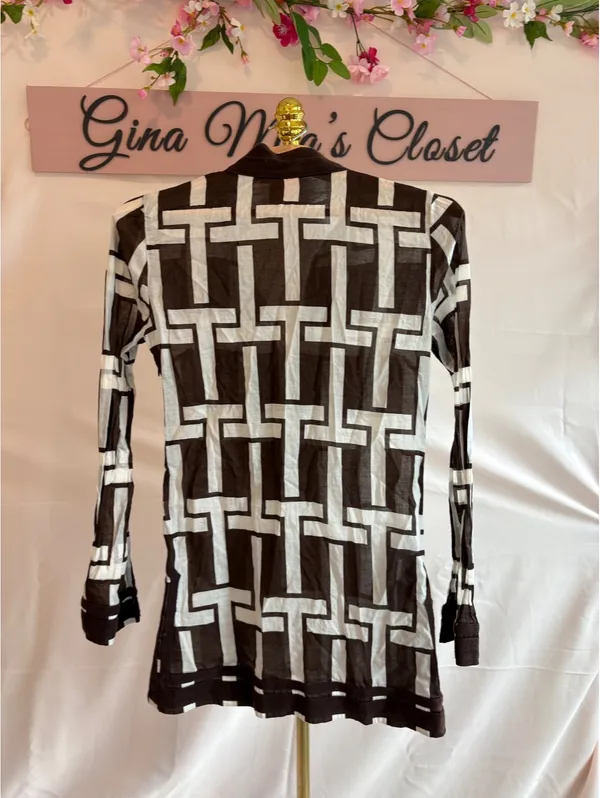 Tory Burch Brown and White Geometric Print Long Sleeve Tunic Top Size 0 - Image 2