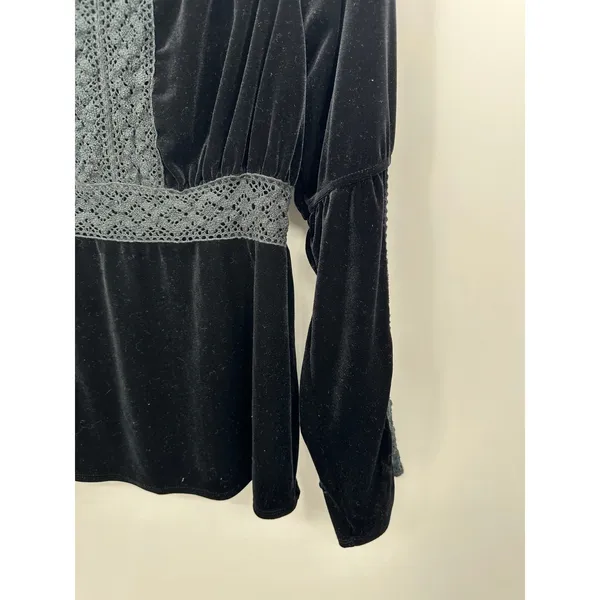 Velvet Lace Trim Peasant Top Black‎ Boho Gothic Romantic Long Sleeve Grunge Sz S - Image 6