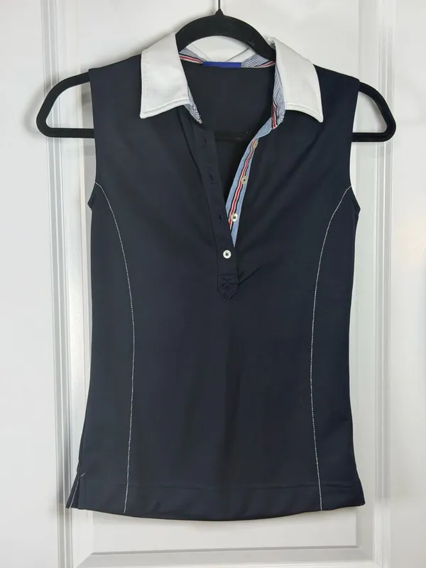 Daily Sports Women's Sleeveless Navy Golf Polo with Striped Trim - Image 2