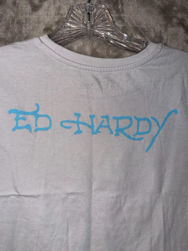 Ed Hardy True 'Til Death Rhinestone Graphic Crop T-Shirt Light Gray Size L - Image 5
