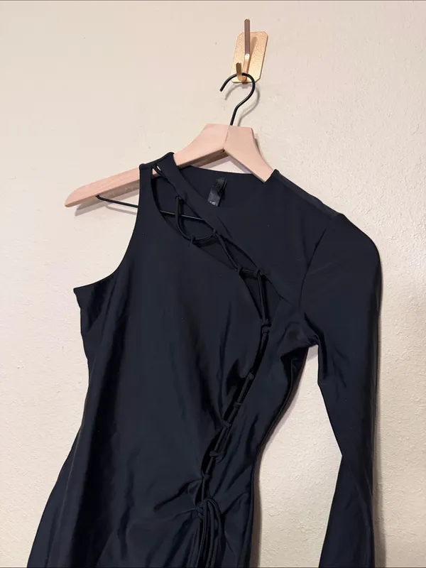Skims Lace Up Mini Dress Black Onyx One Shoulder Bodycon Stretch Size Small - Image 6
