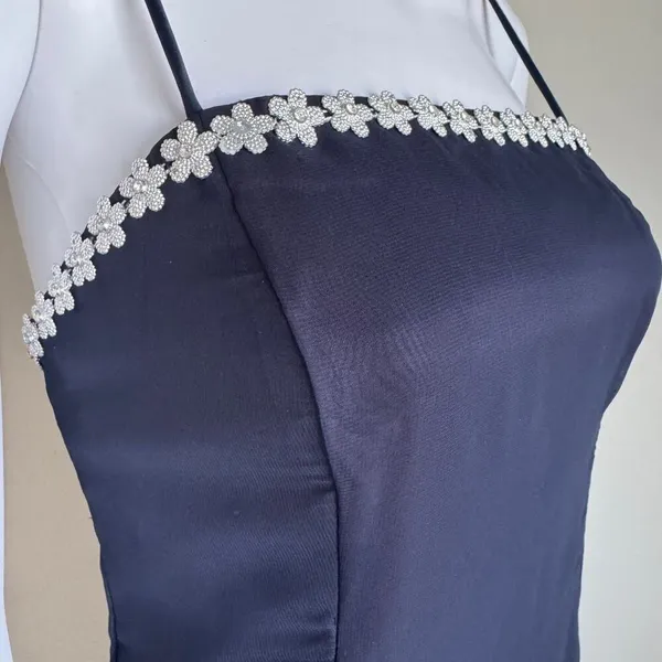 VTG 90’s Chiffon Layered Maxi Dress With Silver Flower Beaded Trim Prom Navy - Image 5