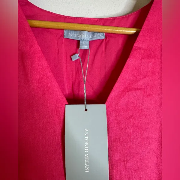 antonio melani Large Pink V Neck Flutter Sleeve A Line Linen Blend‎ Dress CP - Image 3