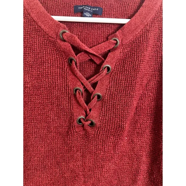 American Eagle‎ Lace Up V-Neck Waffle Knit Sweater Burgundy Red Jeggings Fit L - Image 2
