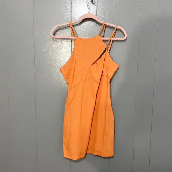 NEW Showpo Patchico Orange Linen Blend Look Split Bust Bodycon Mini Dress 6 - Image 3