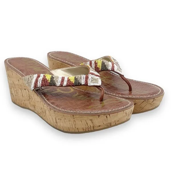 Sam Edelman Rosa Nude Ginger Beaded Thong Cork Wedge Sandal Flip Flop Size 8.5 - Image 7