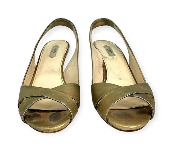 PRADA | US 8.5 / IT 38.5 | Metallic Gold Leather Peep-Toe Slingback Pumps - Image 6